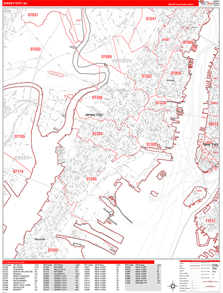 Jersey City Zip Code Wall Map